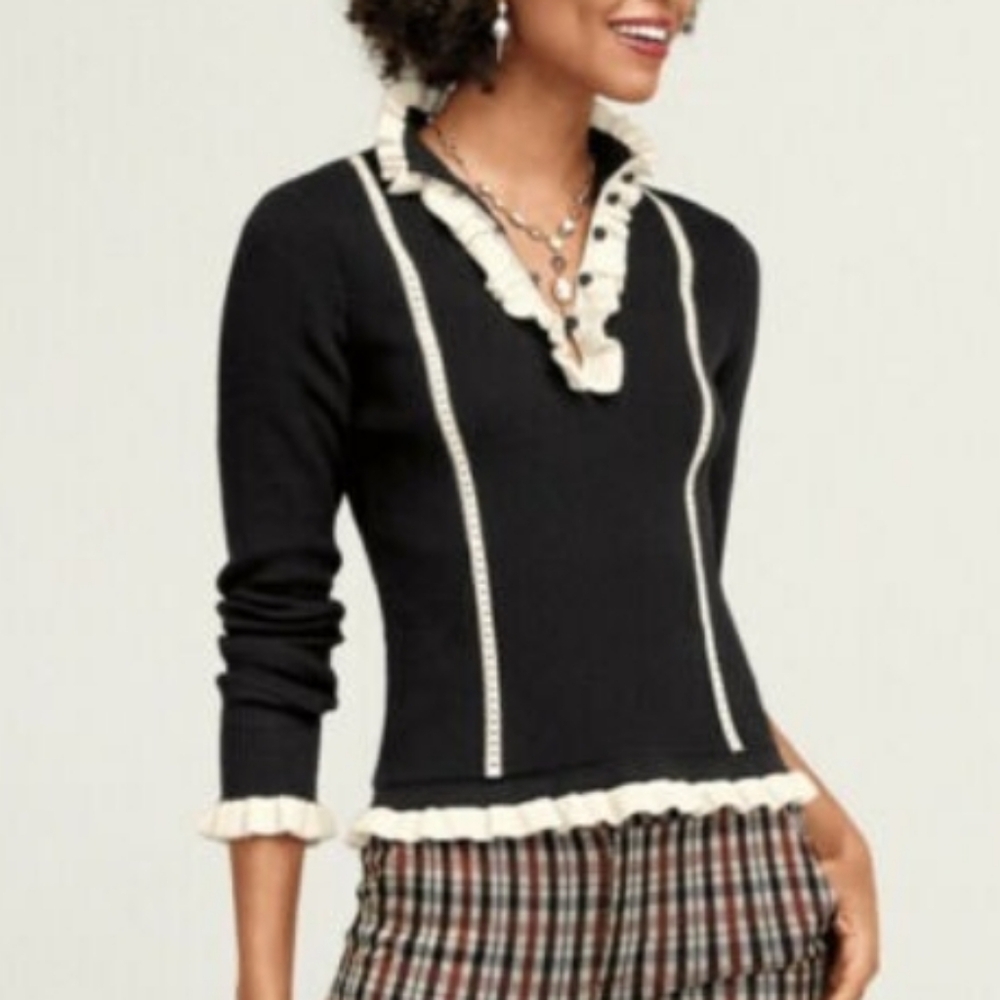 CAbi Adorn Pullover Sweater – Black & White Ruffle Statement